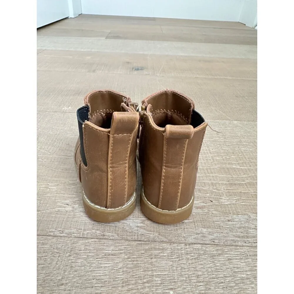 Toddler Brown Faux Leather Ankle Boots With Side Zipper & Pull Tabs Size 6